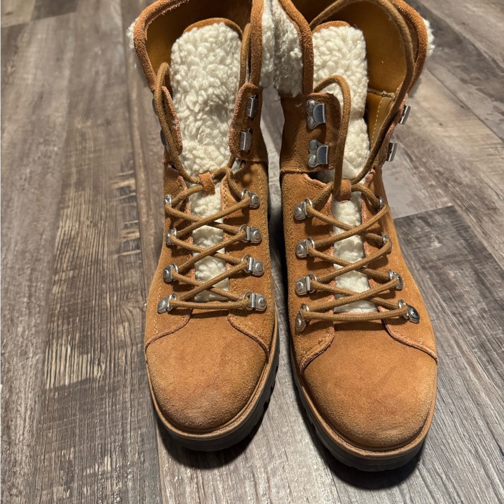 Marc Fisher Brown Suede Lace-Up Boots with Cream Shearling